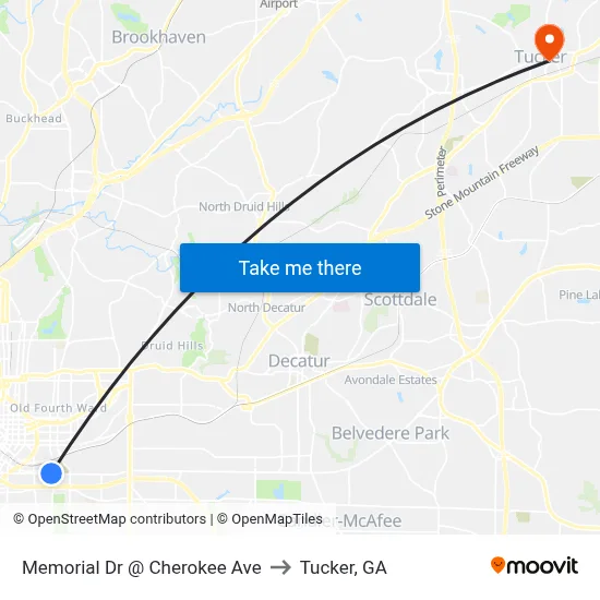 Memorial Dr @ Cherokee Ave to Tucker, GA map