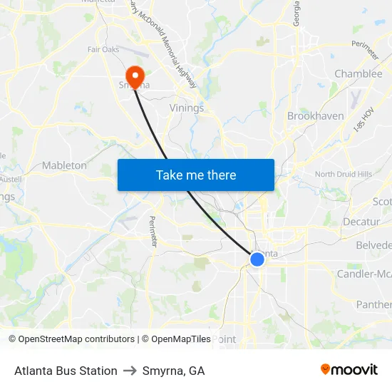 Atlanta Bus Station to Smyrna, GA map