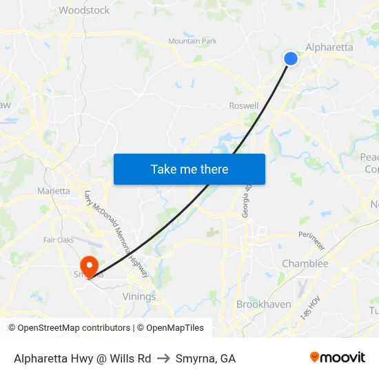 Alpharetta Hwy @ Wills Rd to Smyrna, GA map