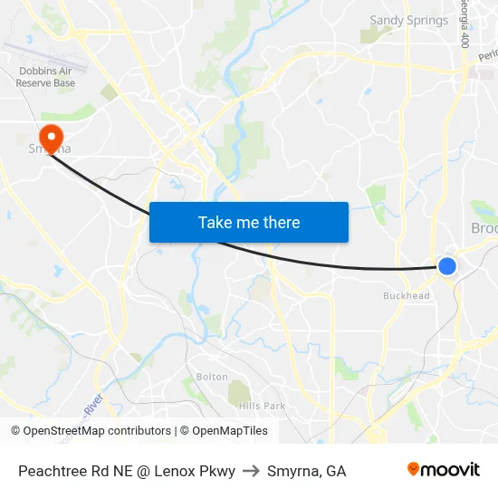 Peachtree Rd NE @ Lenox Pkwy to Smyrna, GA map