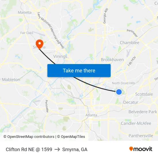 Clifton Rd NE @ 1599 to Smyrna, GA map
