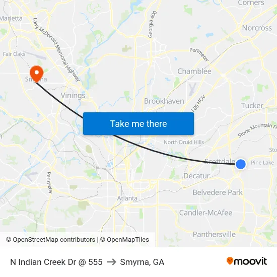 N Indian Creek Dr @ 555 to Smyrna, GA map