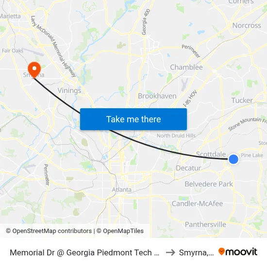 Memorial Dr @ Georgia Piedmont Tech College Dr to Smyrna, GA map