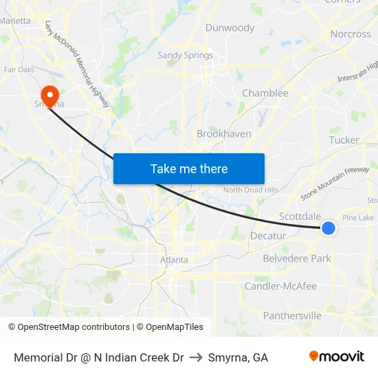 Memorial Dr @ N Indian Creek Dr to Smyrna, GA map