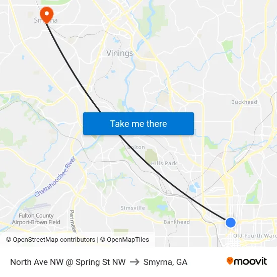 North Ave NW @ Spring St NW to Smyrna, GA map