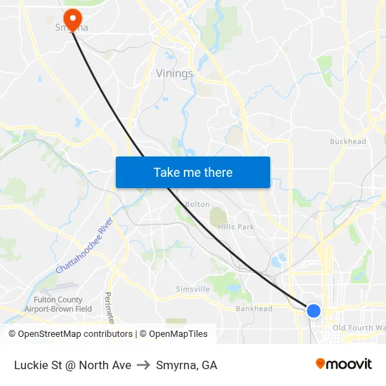 Luckie St @ North Ave to Smyrna, GA map