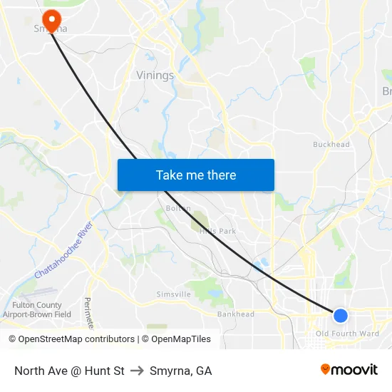 North Ave @ Hunt St to Smyrna, GA map