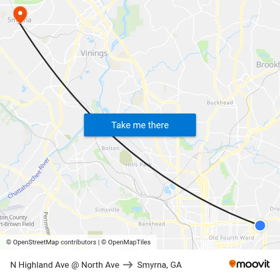 N Highland Ave @ North Ave to Smyrna, GA map