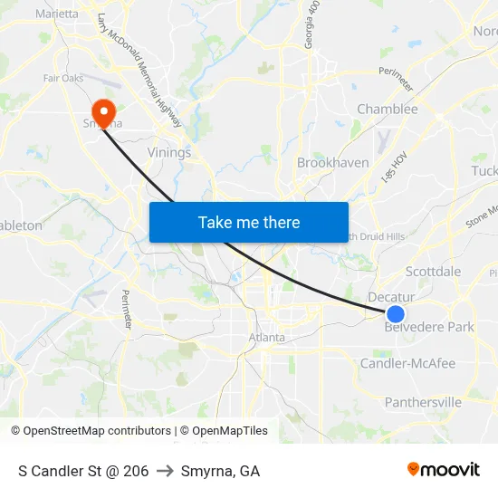 S Candler St @ 206 to Smyrna, GA map