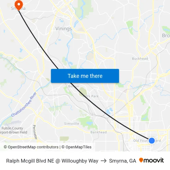 Ralph Mcgill Blvd NE @ Willoughby Way to Smyrna, GA map