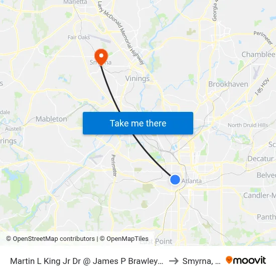Martin L King Jr Dr @ James P Brawley Dr SW to Smyrna, GA map