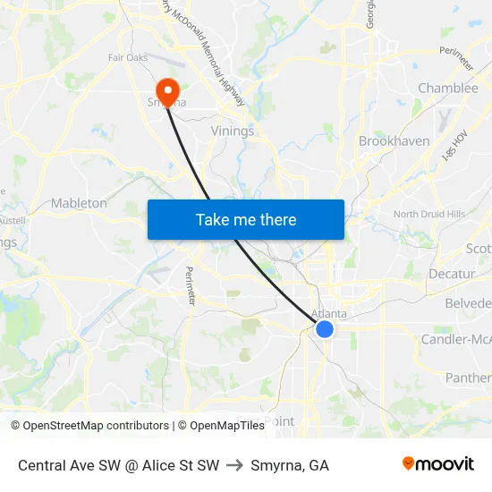 Central Ave SW @ Alice St SW to Smyrna, GA map