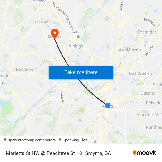 Marietta St NW @ Peachtree St to Smyrna, GA map