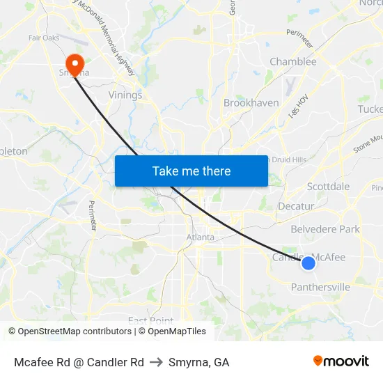 Mcafee Rd @ Candler Rd to Smyrna, GA map