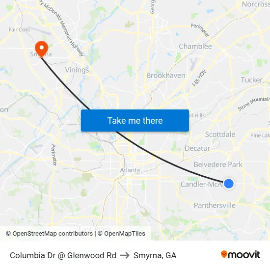 Columbia Dr @ Glenwood Rd to Smyrna, GA map