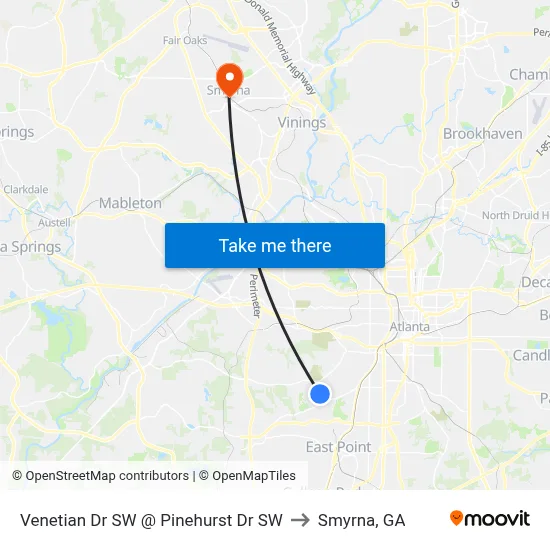 Venetian Dr SW @ Pinehurst Dr SW to Smyrna, GA map