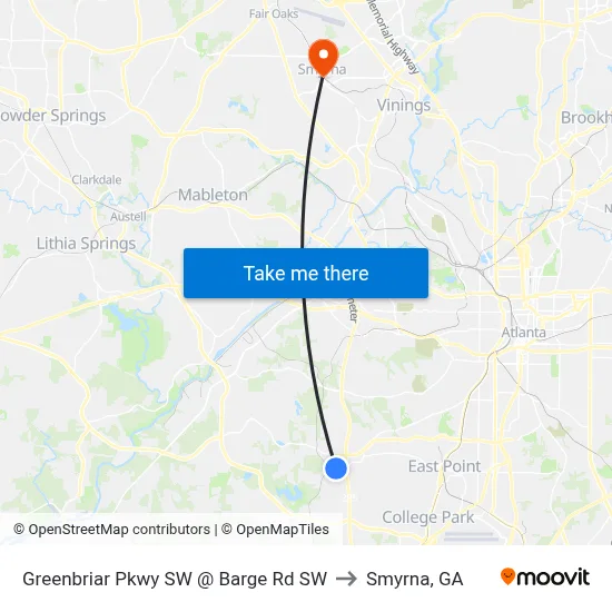 Greenbriar Pkwy SW @ Barge Rd SW to Smyrna, GA map