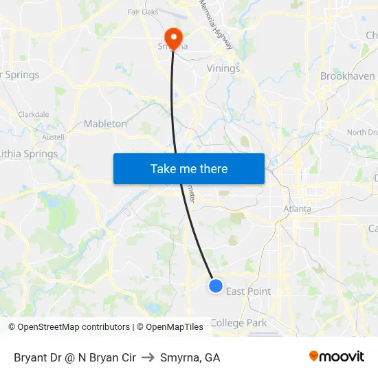 Bryant Dr @ N Bryan Cir to Smyrna, GA map