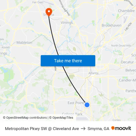 Metropolitan Pkwy SW @ Cleveland Ave to Smyrna, GA map