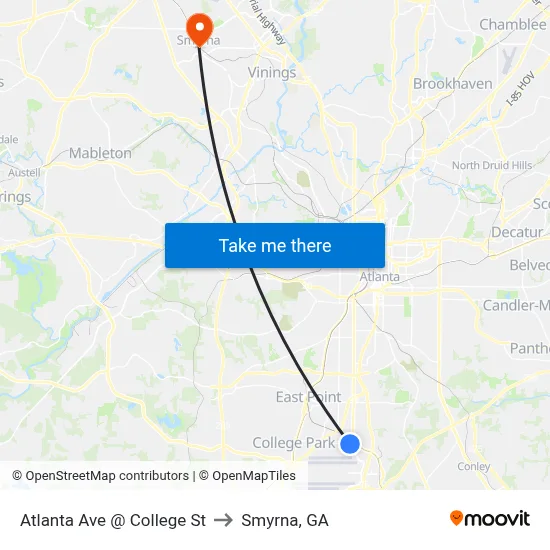 Atlanta Ave @ College St to Smyrna, GA map