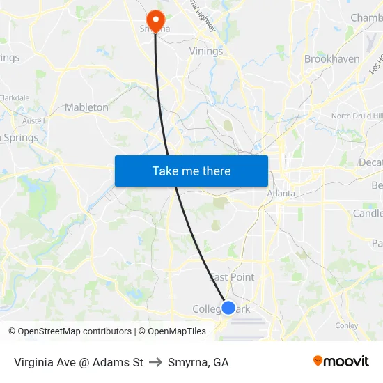Virginia Ave @ Adams St to Smyrna, GA map