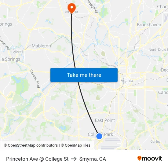 Princeton Ave @ College St to Smyrna, GA map