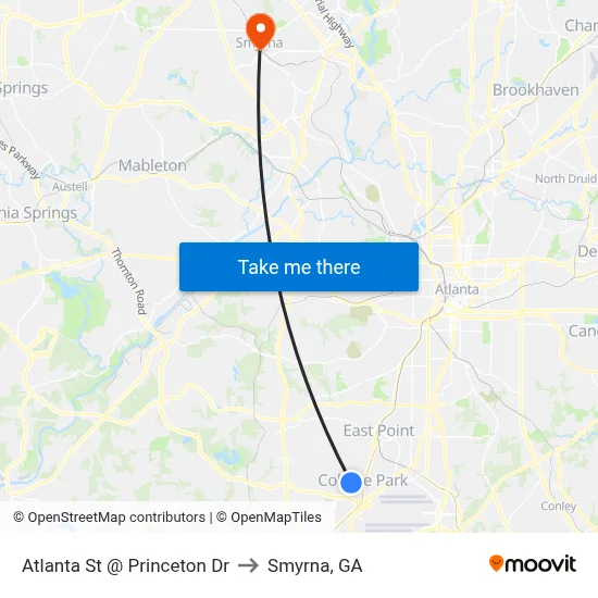 Atlanta St @ Princeton Dr to Smyrna, GA map