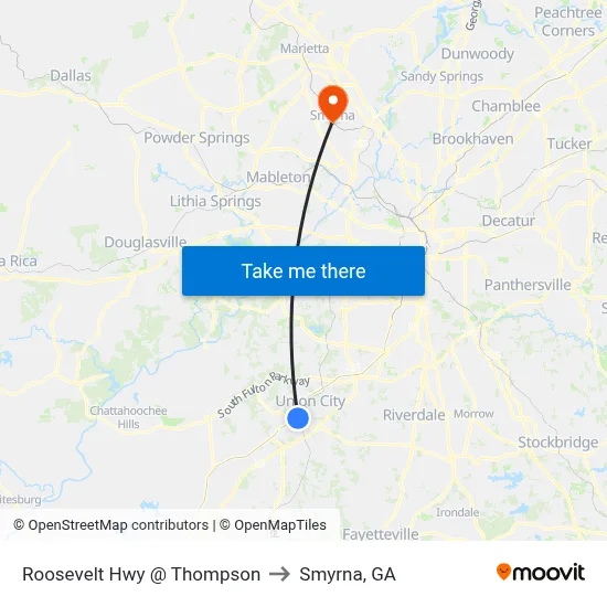 Roosevelt Hwy @ Thompson to Smyrna, GA map