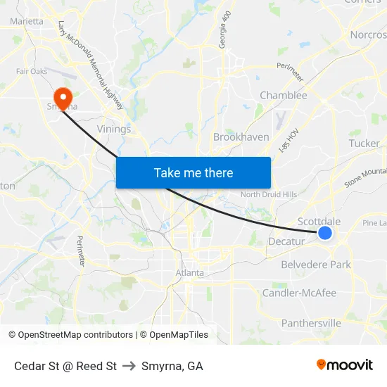Cedar St @ Reed St to Smyrna, GA map