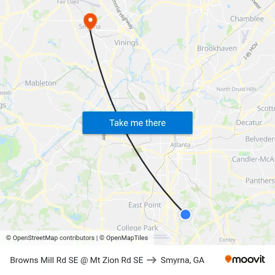 Browns Mill Rd SE @ Mt Zion Rd SE to Smyrna, GA map