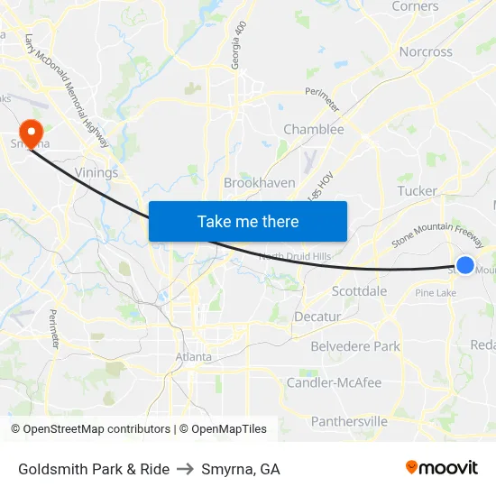 Goldsmith Park & Ride to Smyrna, GA map
