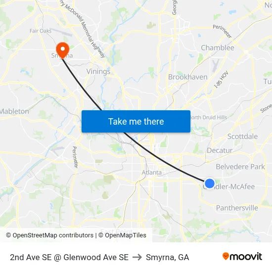 2nd Ave SE @ Glenwood Ave SE to Smyrna, GA map