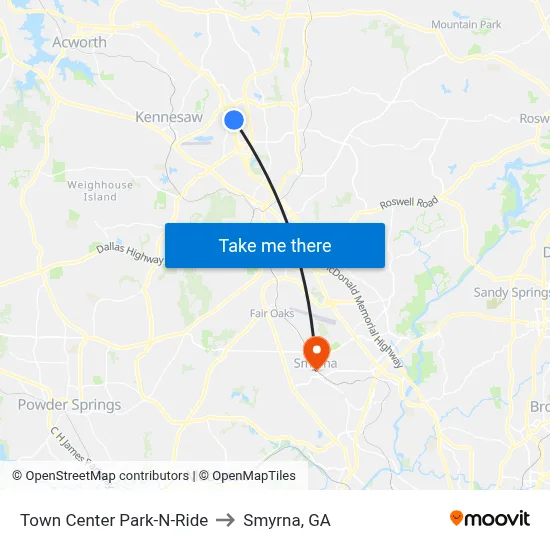 Town Center Park-N-Ride to Smyrna, GA map