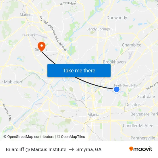 Briarcliff @ Marcus Institute to Smyrna, GA map