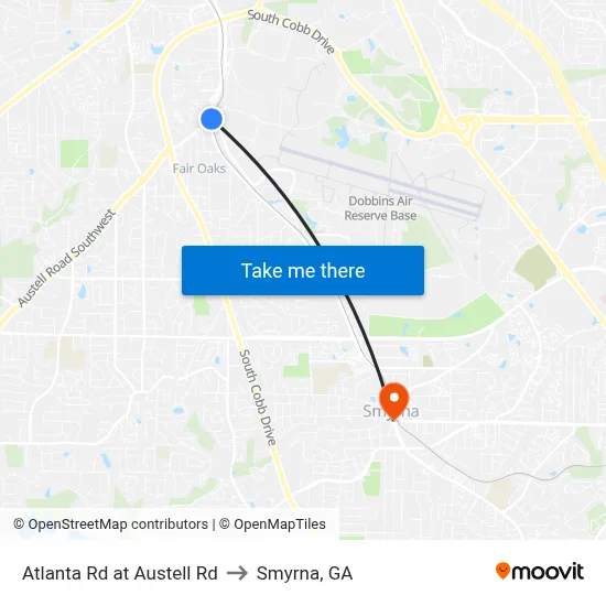 Atlanta Rd at Austell Rd to Smyrna, GA map