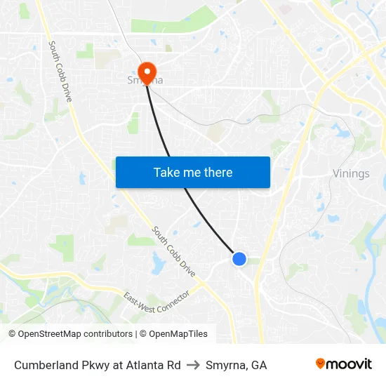 Cumberland Pkwy at Atlanta Rd to Smyrna, GA map