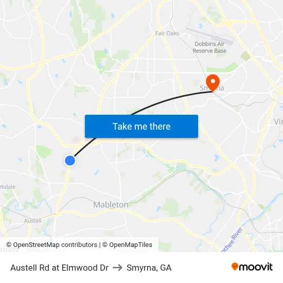Austell Rd at Elmwood Dr to Smyrna, GA map