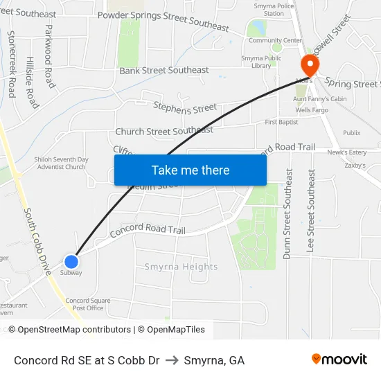 Concord Rd SE at S Cobb Dr to Smyrna, GA map