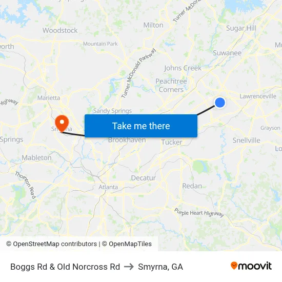 Boggs Rd & Old Norcross Rd to Smyrna, GA map