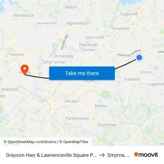 Grayson Hwy & Lawrenceville Square Plaza to Smyrna, GA map