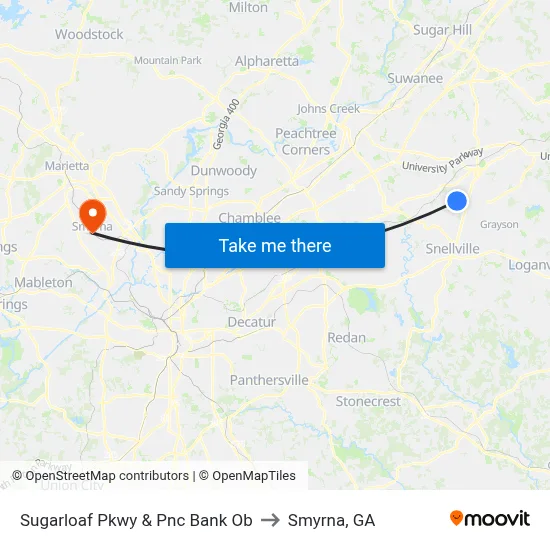 Sugarloaf Pkwy & Pnc Bank Ob to Smyrna, GA map