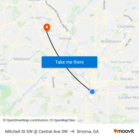 Mitchell St SW @ Central Ave SW to Smyrna, GA map