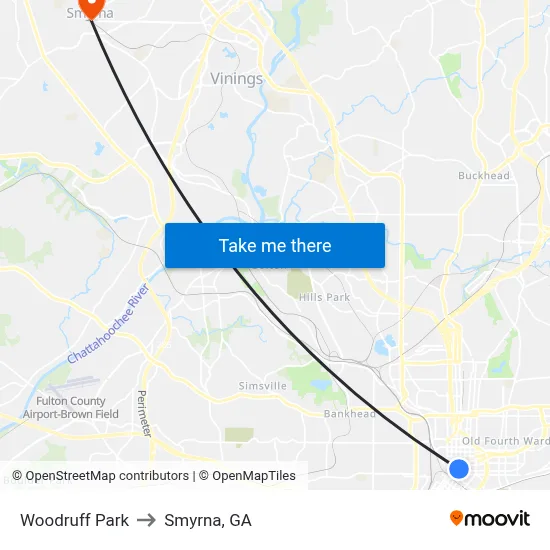 Woodruff Park to Smyrna, GA map