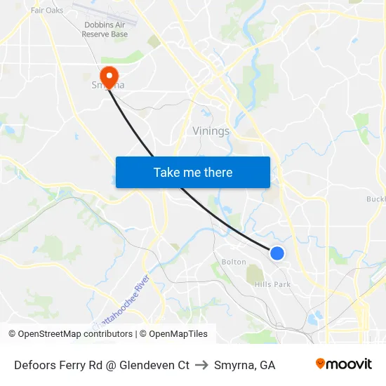Defoors Ferry Rd @ Glendeven Ct to Smyrna, GA map