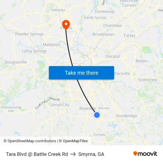 Tara Blvd @ Battle Creek Rd to Smyrna, GA map