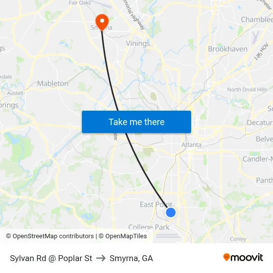 Sylvan Rd @ Poplar St to Smyrna, GA map