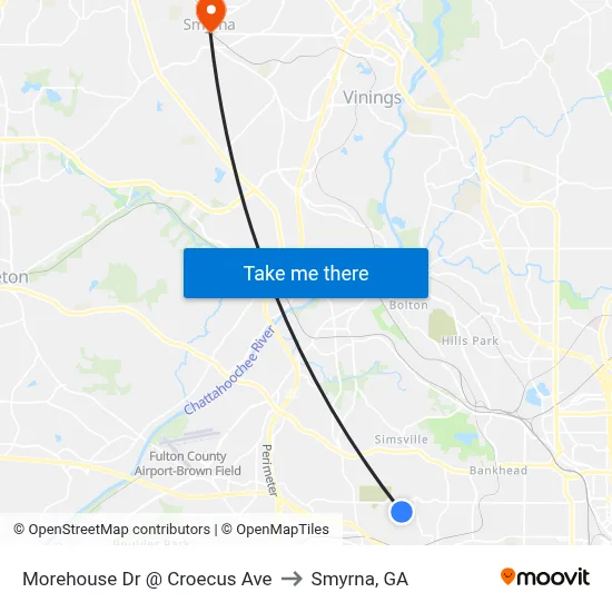 Morehouse Dr @ Croecus Ave to Smyrna, GA map