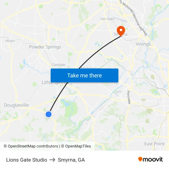 Lions Gate Studio to Smyrna, GA map