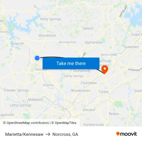 Marietta/Kennesaw to Norcross, GA map
