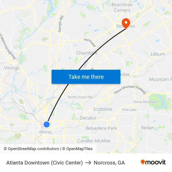 Atlanta Downtown (Civic Center) to Norcross, GA map